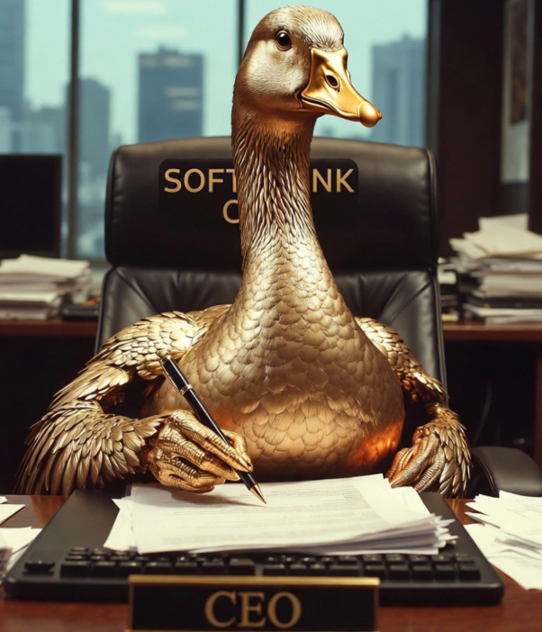 Golden goose sitting in a CEO chair signing papers