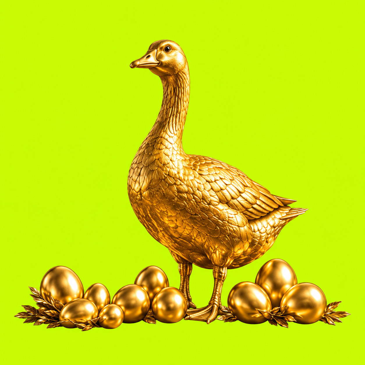 Golden goose standing among golden eggs on a lime background